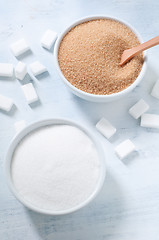 Image showing Different types of sugar: brown, white and refined sugar