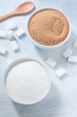 Image showing Different types of sugar: brown, white and refined sugar