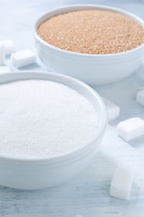 Image showing Different types of sugar: brown, white and refined sugar