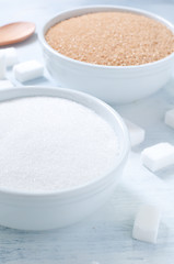 Image showing Different types of sugar: brown, white and refined sugar