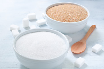 Image showing Different types of sugar: brown, white and refined sugar