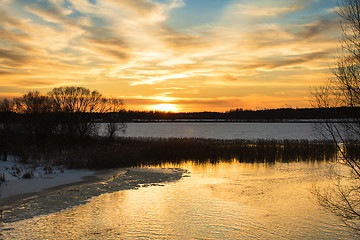 Image showing sunset over the lake  