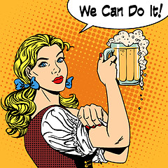 Image showing girl waitress with beer says we can do it