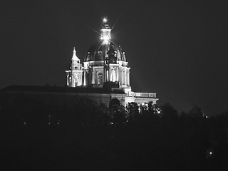 Image showing Black and white Basilica di Superga at night in Turin