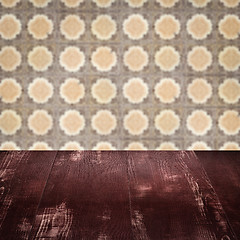 Image showing Wood table top and blur vintage ceramic tile pattern wall