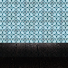 Image showing Wood table top and blur vintage ceramic tile pattern wall