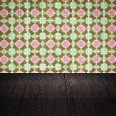 Image showing Wood table top and blur vintage ceramic tile pattern wall