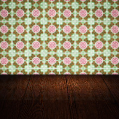 Image showing Wood table top and blur vintage ceramic tile pattern wall