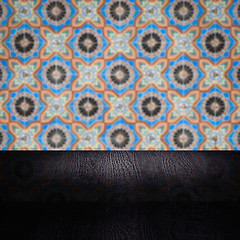 Image showing Wood table top and blur vintage ceramic tile pattern wall