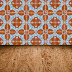 Image showing Wood table top and blur vintage ceramic tile pattern wall