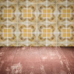 Image showing Wood table top and blur vintage ceramic tile pattern wall