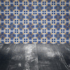 Image showing Wood table top and blur vintage ceramic tile pattern wall