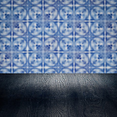 Image showing Wood table top and blur vintage ceramic tile pattern wall