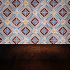 Image showing Wood table top and blur vintage ceramic tile pattern wall