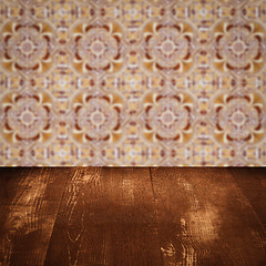 Image showing Wood table top and blur vintage ceramic tile pattern wall