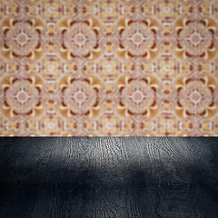 Image showing Wood table top and blur vintage ceramic tile pattern wall