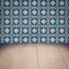 Image showing Wood table top and blur vintage ceramic tile pattern wall