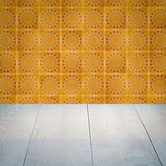 Image showing Wood table top and blur vintage ceramic tile pattern wall