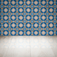 Image showing Wood table top and blur vintage ceramic tile pattern wall