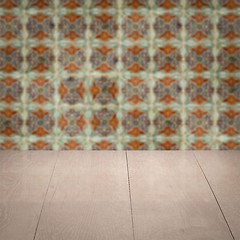 Image showing Wood table top and blur vintage ceramic tile pattern wall