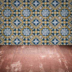 Image showing Wood table top and blur vintage ceramic tile pattern wall