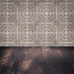 Image showing Wood table top and blur vintage ceramic tile pattern wall