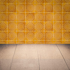 Image showing Wood table top and blur vintage ceramic tile pattern wall