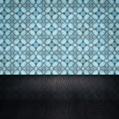 Image showing Wood table top and blur vintage ceramic tile pattern wall