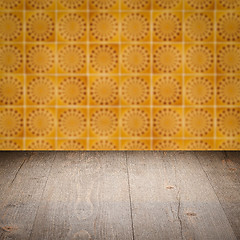 Image showing Wood table top and blur vintage ceramic tile pattern wall