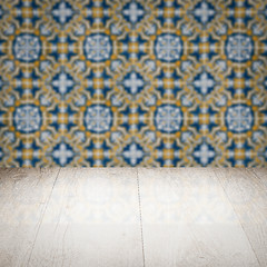 Image showing Wood table top and blur vintage ceramic tile pattern wall