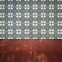 Image showing Wood table top and blur vintage ceramic tile pattern wall