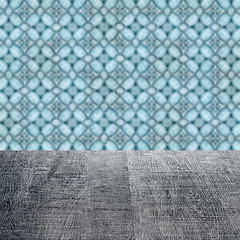 Image showing Wood table top and blur vintage ceramic tile pattern wall