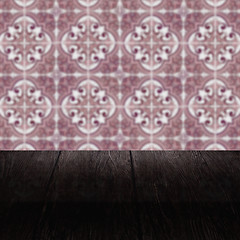 Image showing Wood table top and blur vintage ceramic tile pattern wall