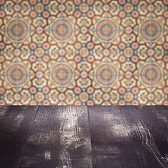 Image showing Wood table top and blur vintage ceramic tile pattern wall