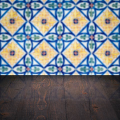 Image showing Wood table top and blur vintage ceramic tile pattern wall