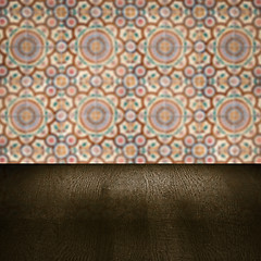 Image showing Wood table top and blur vintage ceramic tile pattern wall