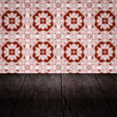 Image showing Wood table top and blur vintage ceramic tile pattern wall