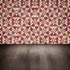 Image showing Wood table top and blur vintage ceramic tile pattern wall