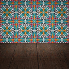 Image showing Wood table top and blur vintage ceramic tile pattern wall