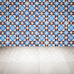 Image showing Wood table top and blur vintage ceramic tile pattern wall