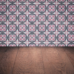 Image showing Wood table top and blur vintage ceramic tile pattern wall