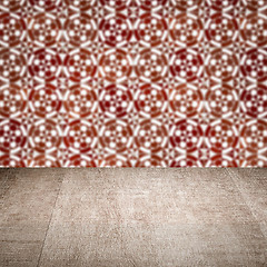 Image showing Wood table top and blur vintage ceramic tile pattern wall