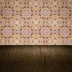 Image showing Wood table top and blur vintage ceramic tile pattern wall