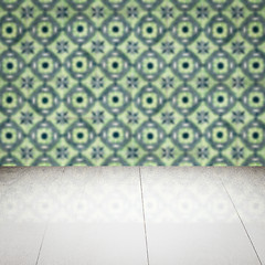 Image showing Wood table top and blur vintage ceramic tile pattern wall