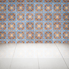 Image showing Wood table top and blur vintage ceramic tile pattern wall