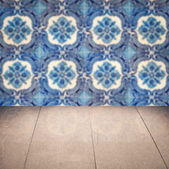 Image showing Wood table top and blur vintage ceramic tile pattern wall