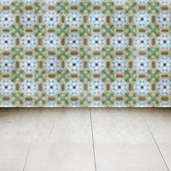 Image showing Wood table top and blur vintage ceramic tile pattern wall