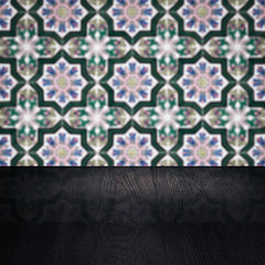 Image showing Wood table top and blur vintage ceramic tile pattern wall