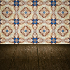 Image showing Wood table top and blur vintage ceramic tile pattern wall