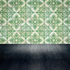 Image showing Wood table top and blur vintage ceramic tile pattern wall